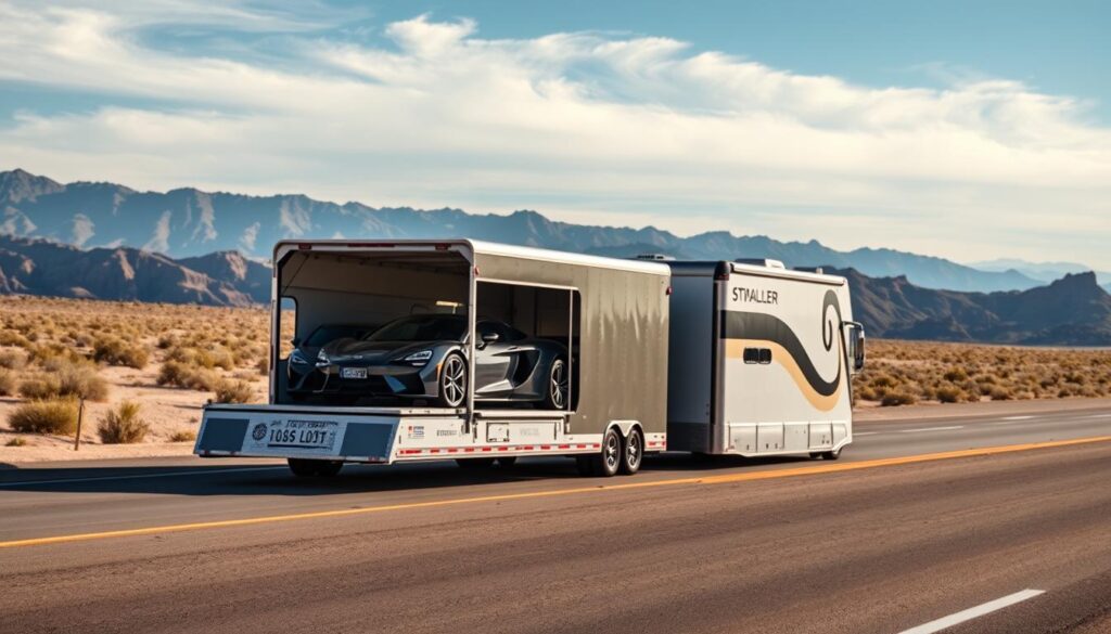 Enclosed car carrier transporting luxury vehicles for Nevada car shipping Enclosed car carrier transporting luxury vehicles for Nevada car shipping