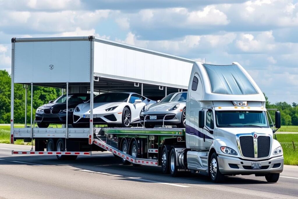 Enclosed car transport trailer carrying luxury vehicles in Ohio Enclosed car transport trailer carrying luxury vehicles in Ohio