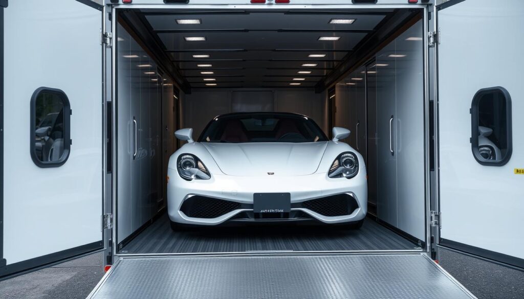Enclosed car transport trailer for premium Connecticut car shipping service Enclosed car transport trailer for premium Connecticut car shipping service