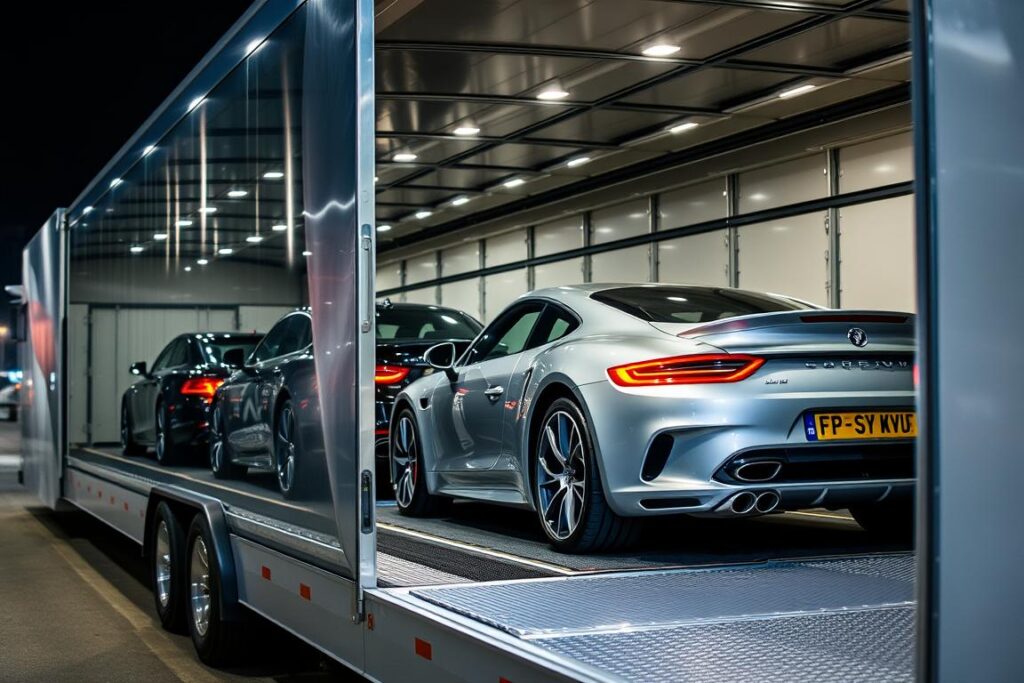 Enclosed car transport trailer protecting luxury vehicles during New Mexico shipping Enclosed car transport trailer protecting luxury vehicles during New Mexico shipping