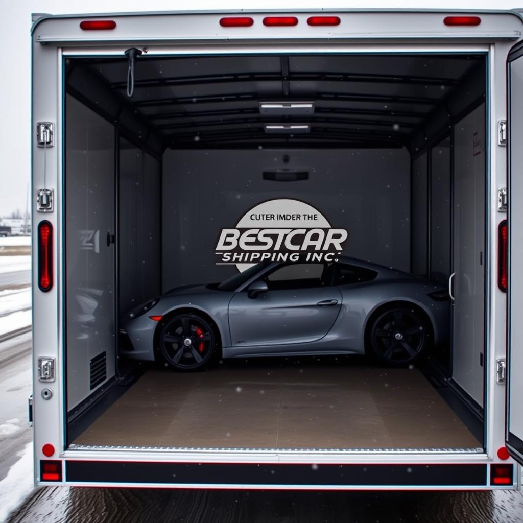 Enclosed car transport trailer protecting vehicles from North Dakota weather Enclosed car transport trailer protecting vehicles from North Dakota weather