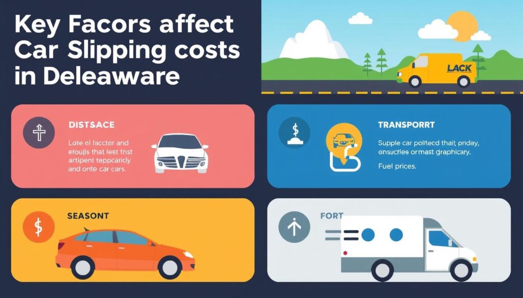 Factors affecting Delaware car shipping costs illustrated with icons Factors affecting Delaware car shipping costs illustrated with icons