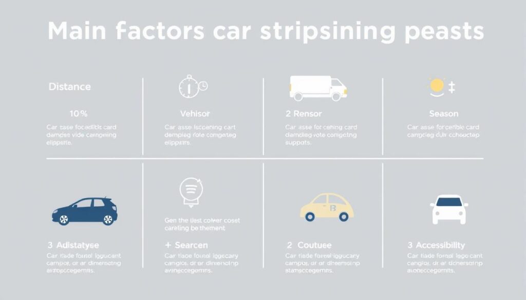 Factors affecting Idaho car shipping costs illustrated with icons and price ranges Factors affecting Idaho car shipping costs illustrated with icons and price ranges