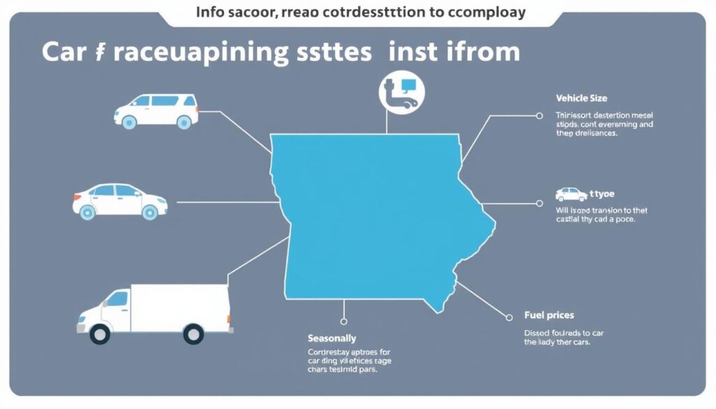 Factors affecting Iowa car shipping costs illustrated with icons and price indicators Factors affecting Iowa car shipping costs illustrated with icons and price indicators