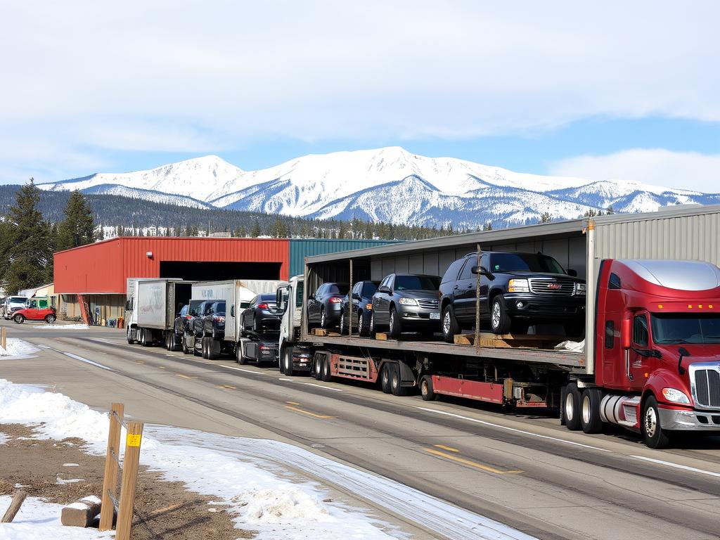 Flagstaff car shipping depot with snow-capped mountains Flagstaff car shipping depot with snow-capped mountains