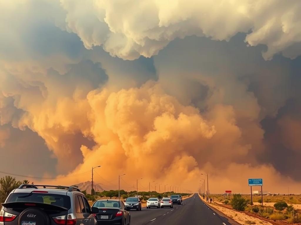 Haboob dust storm approaching Phoenix with cars in foreground Haboob dust storm approaching Phoenix with cars in foreground