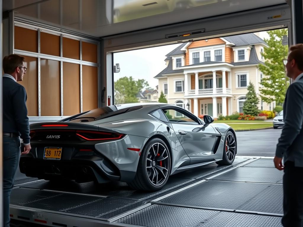 Luxury vehicle being loaded into enclosed transport trailer in New Jersey Luxury vehicle being loaded into enclosed transport trailer in New Jersey