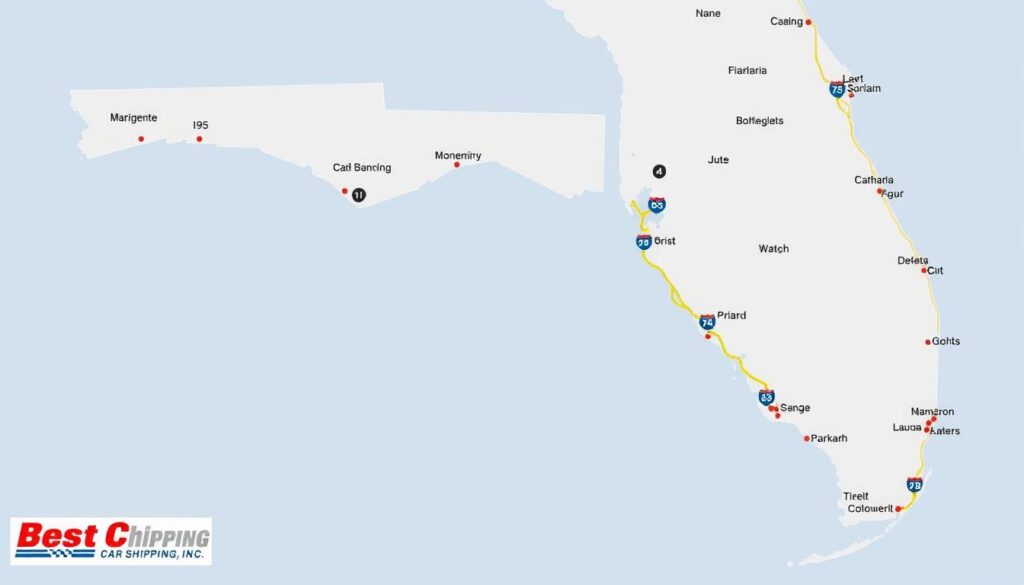 Map of Florida showing major car shipping routes and service areas
