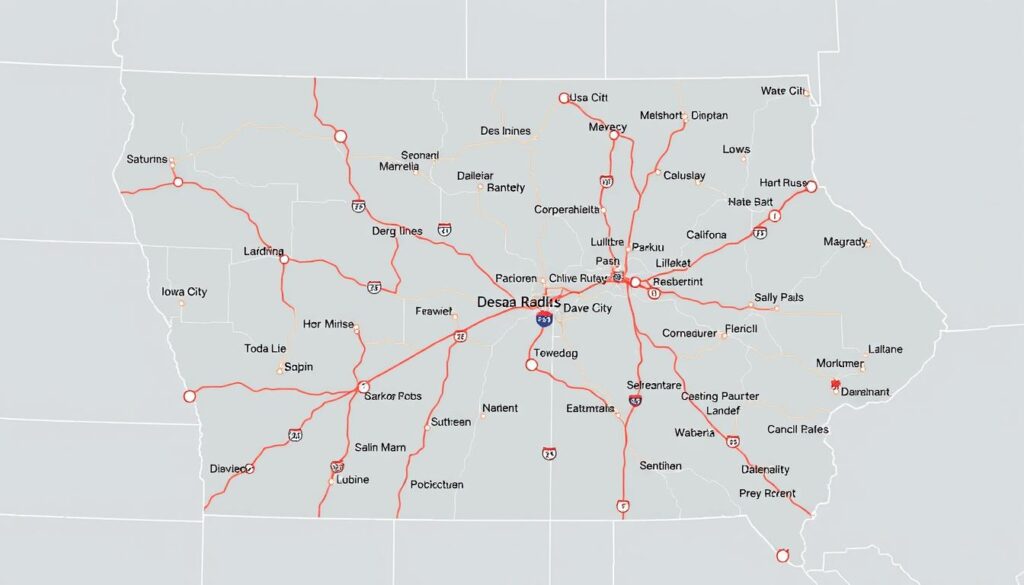 Map of Iowa showing major cities and car shipping service areas Map of Iowa showing major cities and car shipping service areas