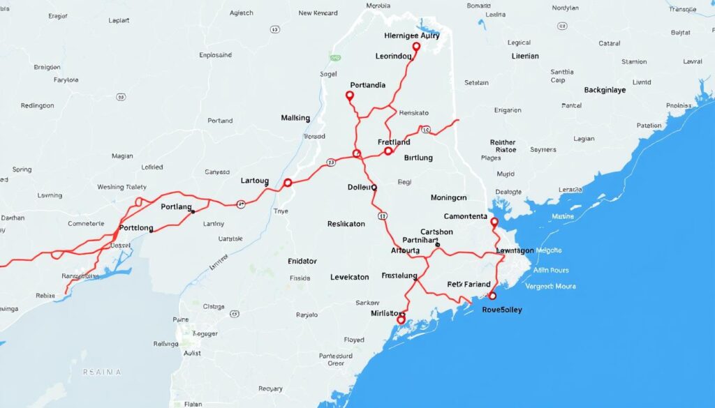 Map of Maine showing major shipping routes and transportation hubs Map of Maine showing major shipping routes and transportation hubs