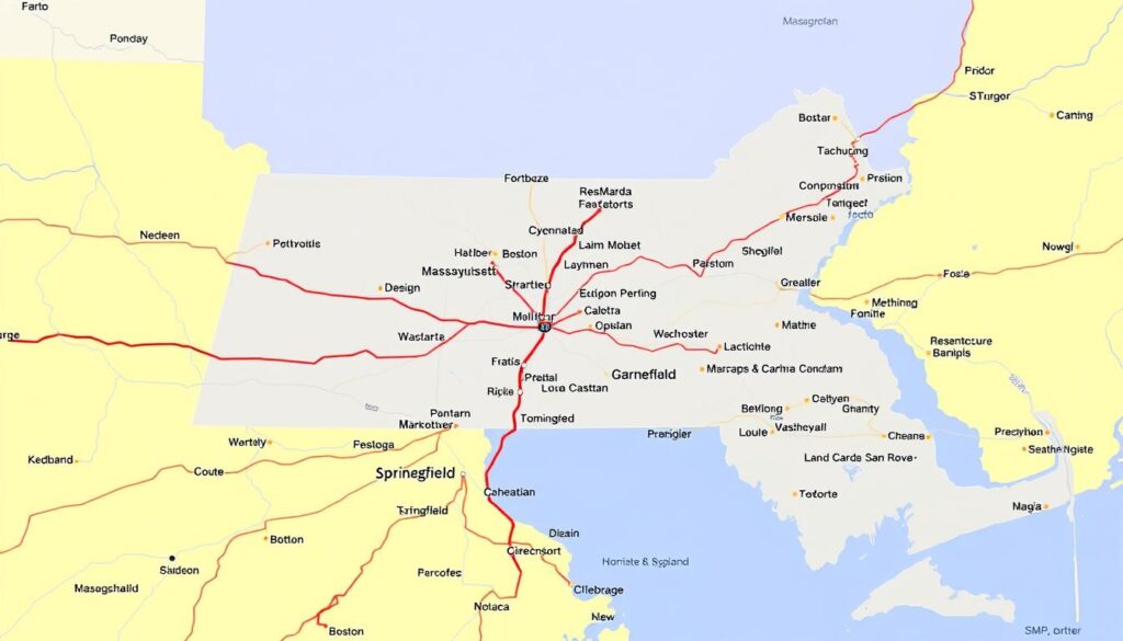 Map of Massachusetts highlighting major car shipping routes and cities Map of Massachusetts highlighting major car shipping routes and cities