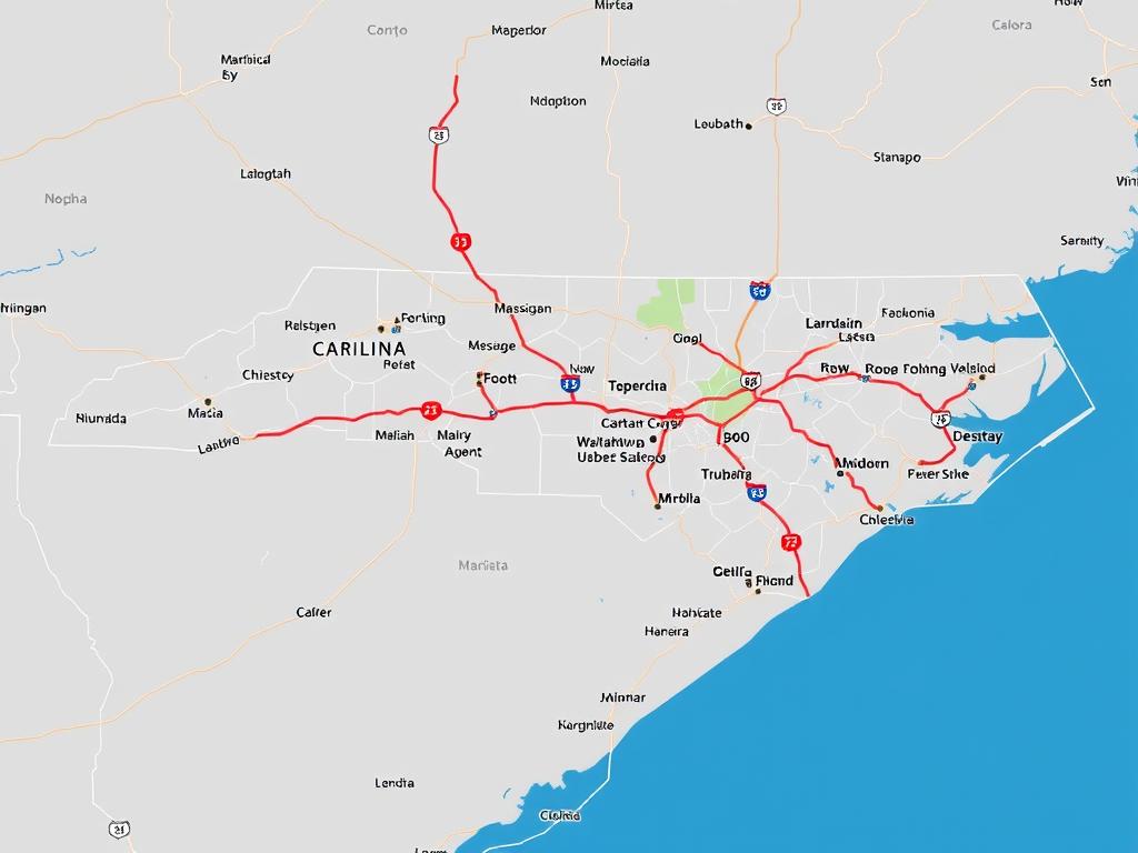 Map of North Carolina highlighting major shipping routes and transportation corridors Map of North Carolina highlighting major shipping routes and transportation corridors