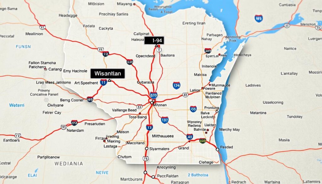 Map of Wisconsin showing major car shipping routes and highways Map of Wisconsin showing major car shipping routes and highways