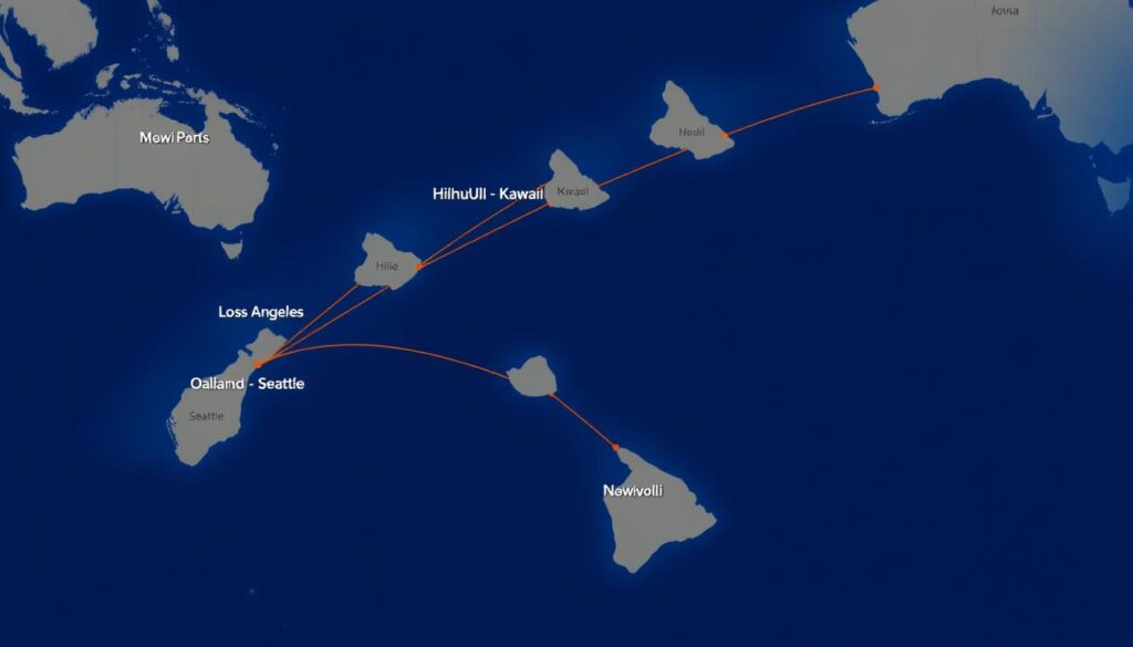 Map showing Hawaii car transport routes between mainland and Hawaiian islands Map showing Hawaii car transport routes between mainland and Hawaiian islands