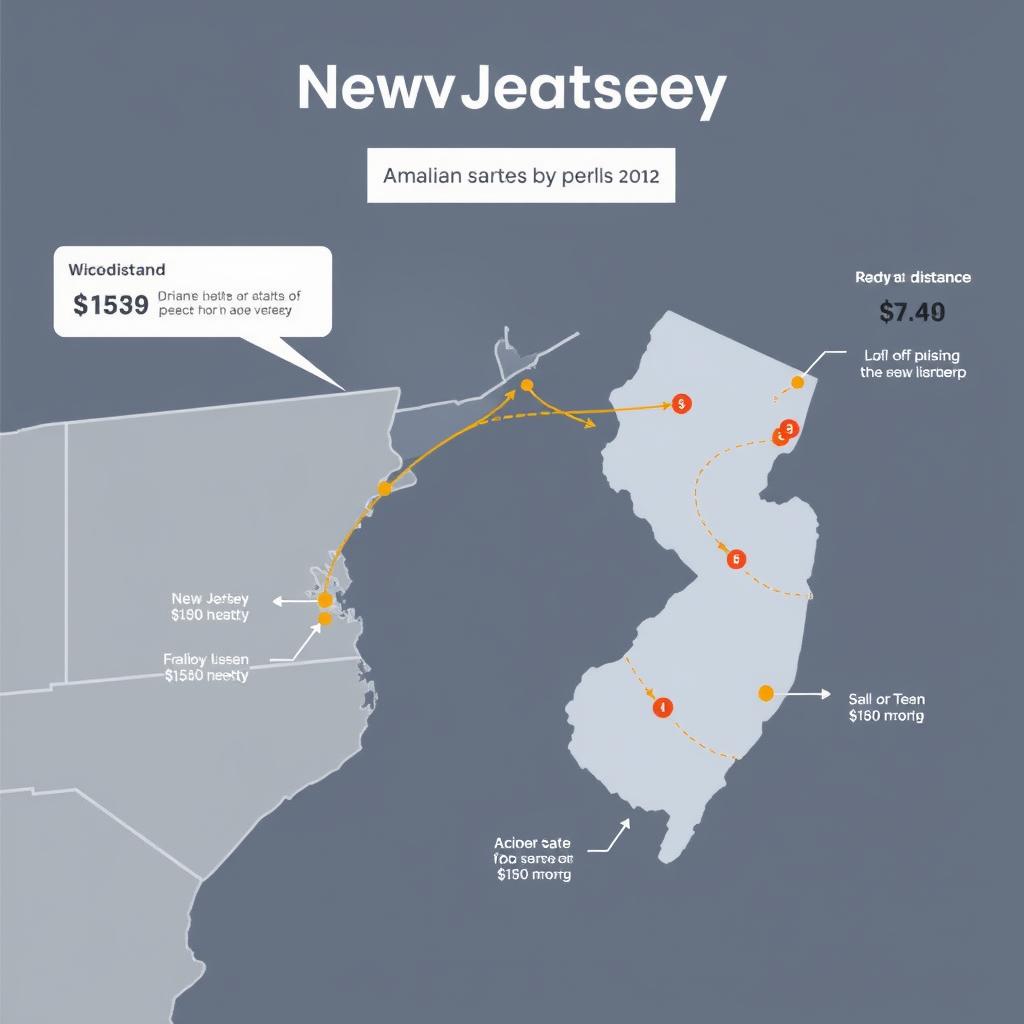 Map showing distance factors affecting New Jersey car shipping costs Map showing distance factors affecting New Jersey car shipping costs