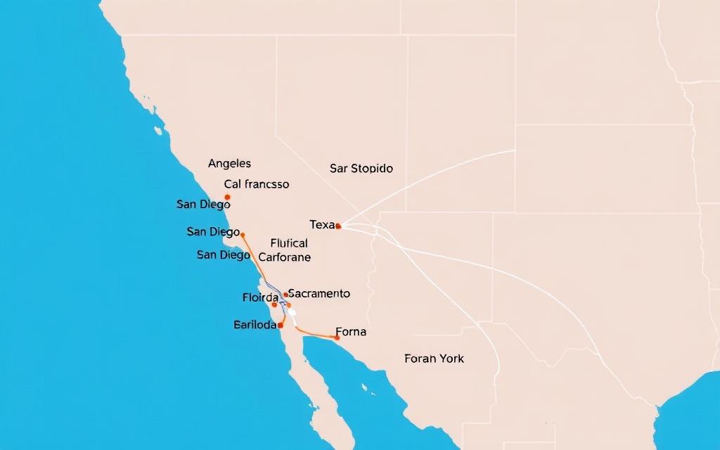 Map showing popular California car shipping routes with major cities highlighted Map showing popular California car shipping routes with major cities highlighted