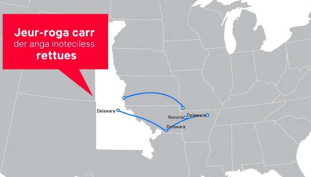 Map showing popular Delaware car shipping routes across the United States Map showing popular Delaware car shipping routes across the United States