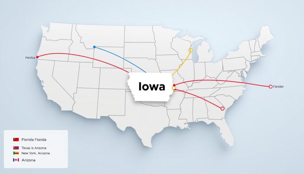 Map showing popular Iowa car shipping routes across the United States Map showing popular Iowa car shipping routes across the United States