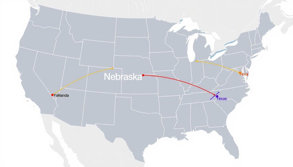 Map showing popular Nebraska car shipping routes Map showing popular Nebraska car shipping routes