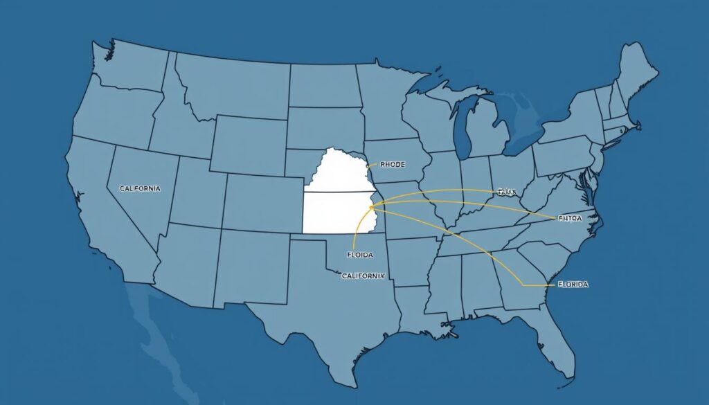 Map showing popular Rhode Island car shipping routes Map showing popular Rhode Island car shipping routes