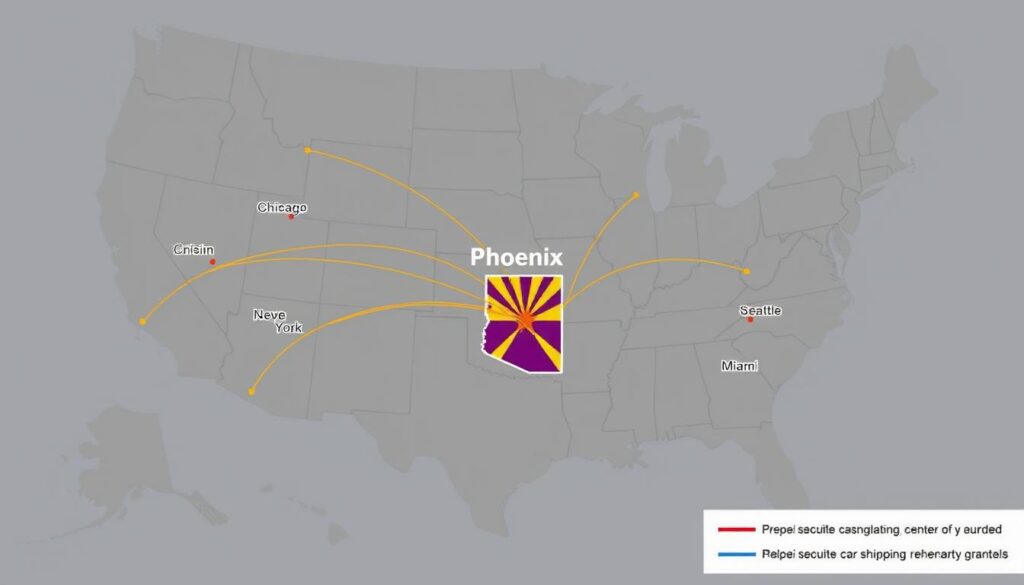 Map showing popular car shipping routes connecting Phoenix to major US cities Map showing popular car shipping routes connecting Phoenix to major US cities
