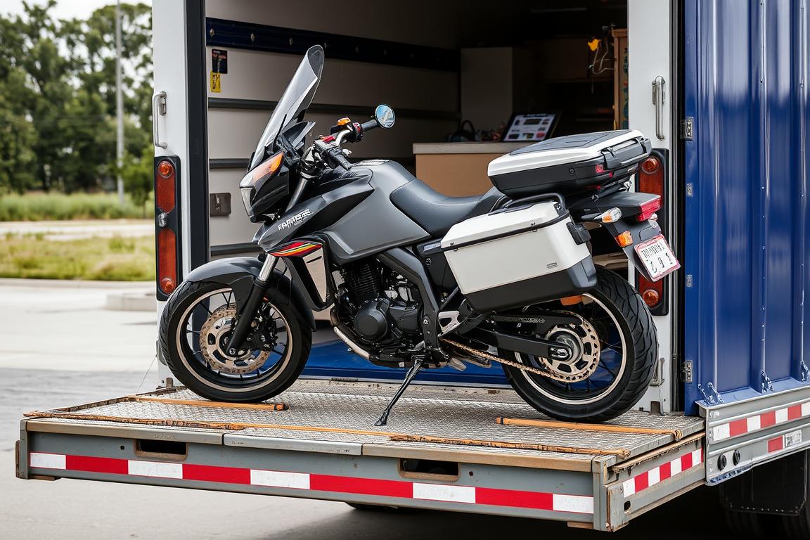 Motorcycle being carefully loaded for shipping across Kansas