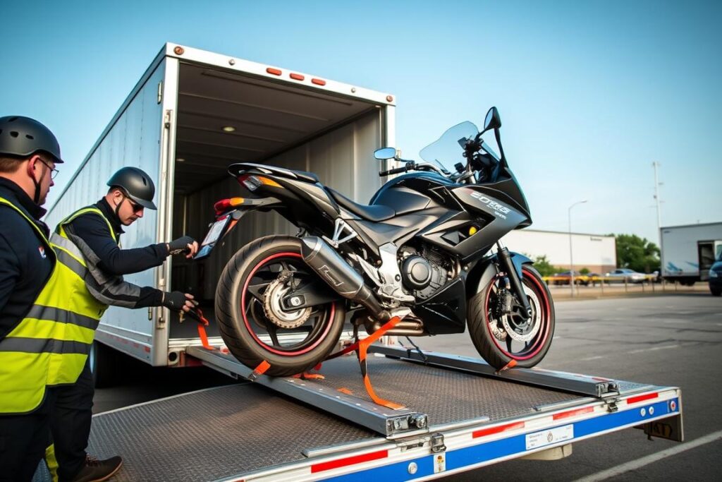 Motorcycle being loaded for Illinois shipping service Motorcycle being loaded for Illinois shipping service