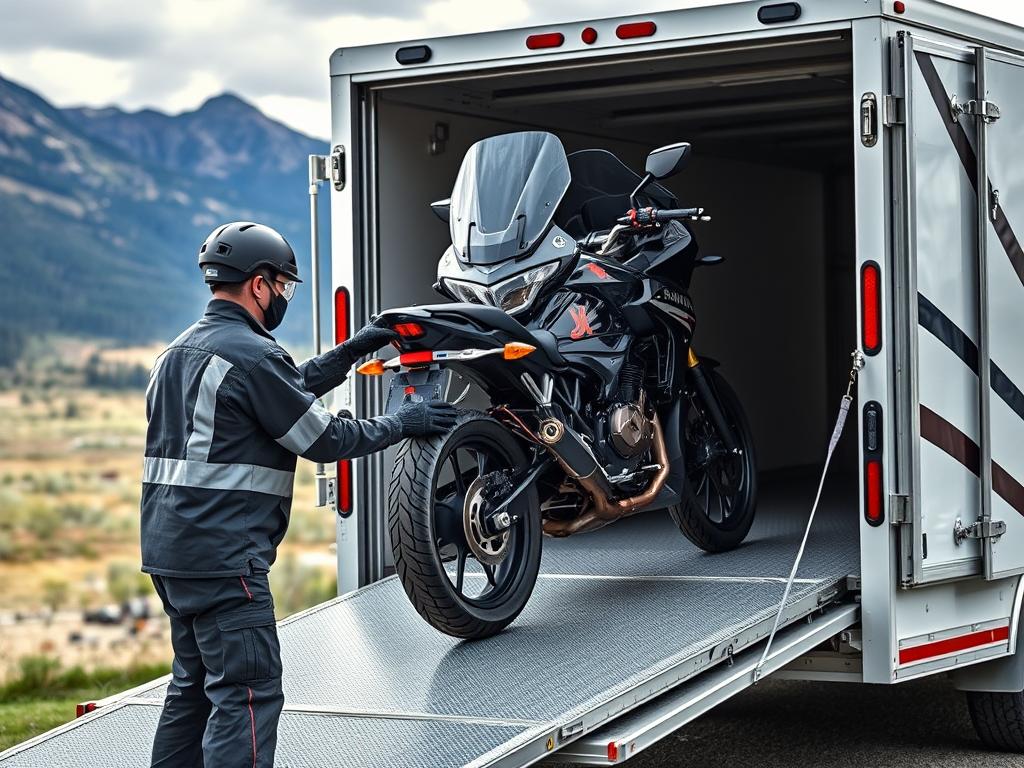 Motorcycle being loaded for transport in Colorado Motorcycle being loaded for transport in Colorado