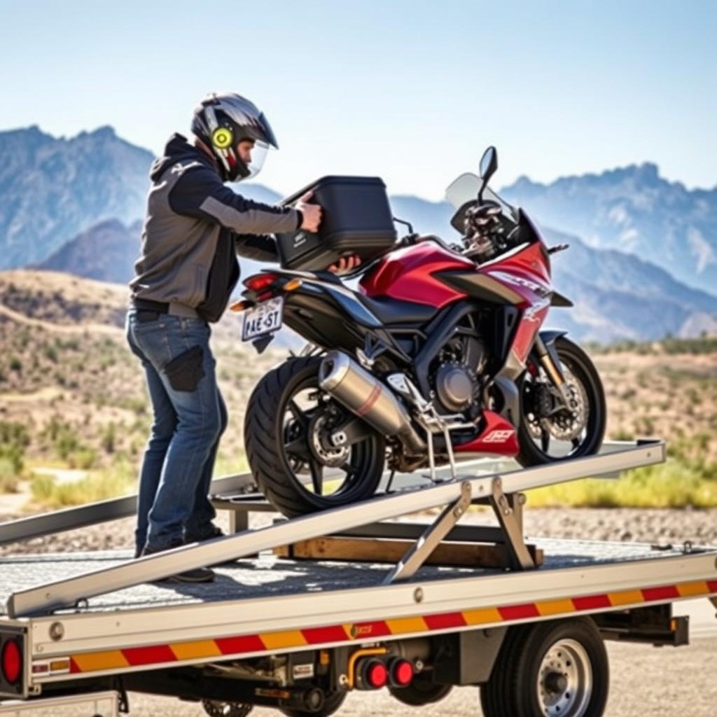 Motorcycle being loaded onto specialized transport equipment Motorcycle being loaded onto specialized transport equipment