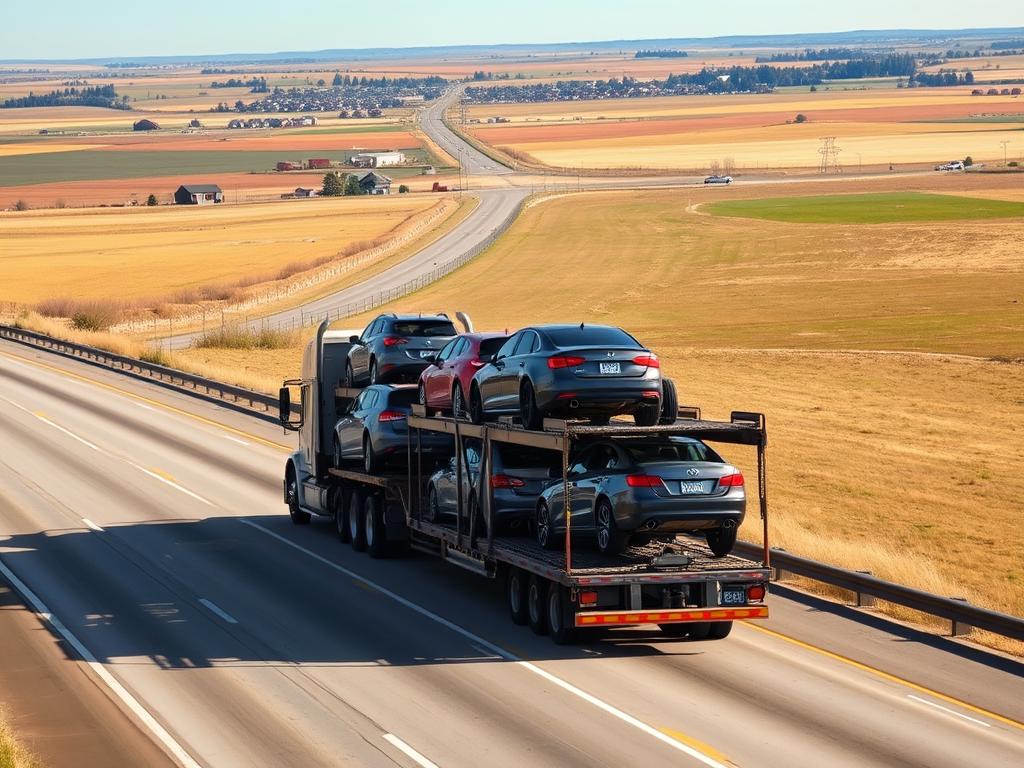 Nebraska landscape with car transport truck on highway Nebraska landscape with car transport truck on highway