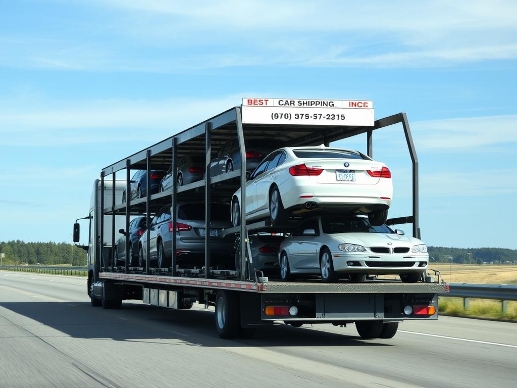 Open car carrier from Best Car Shipping Inc transporting multiple vehicles Open car carrier from Best Car Shipping Inc transporting multiple vehicles