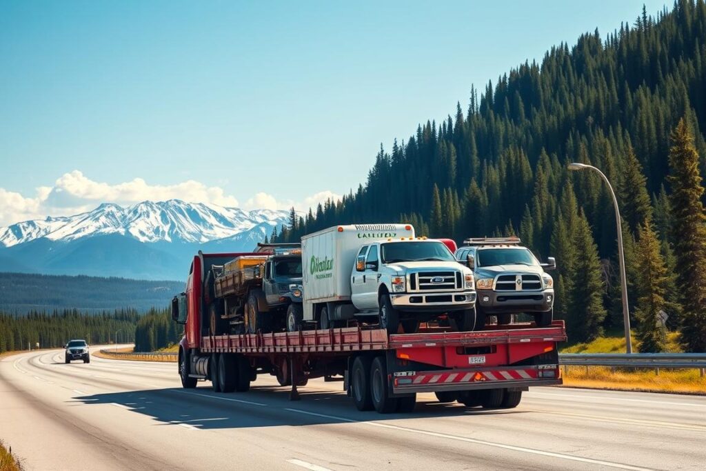 Open car carrier loaded with vehicles for Alaska transport Open car carrier loaded with vehicles for Alaska transport