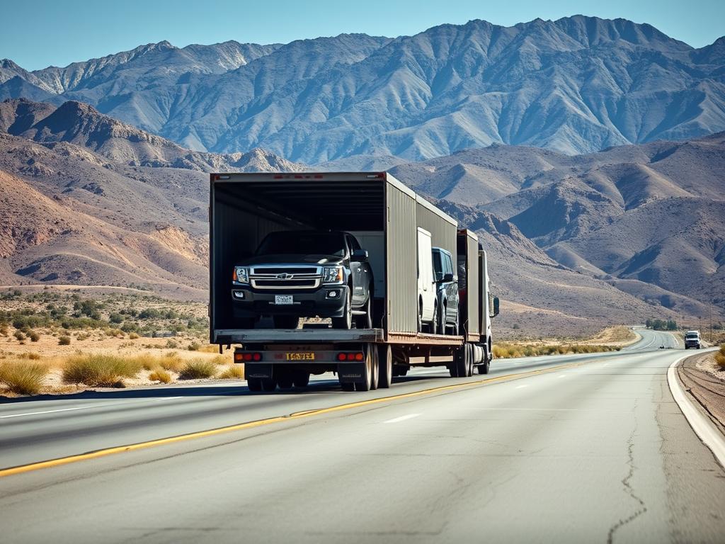 Open car carrier transporting multiple vehicles across Nevada Open car carrier transporting multiple vehicles across Nevada