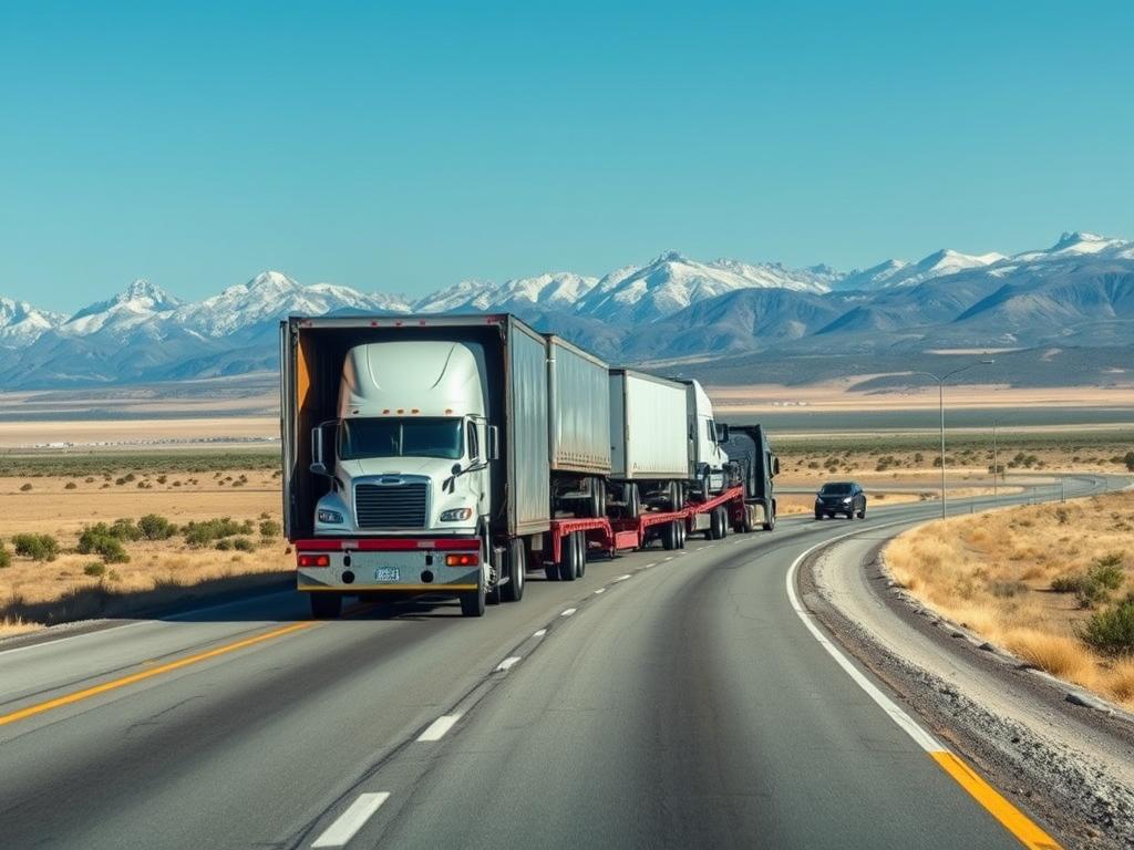 Open car carrier transporting multiple vehicles across Wyoming landscape Open car carrier transporting multiple vehicles across Wyoming landscape