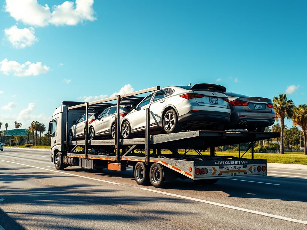 Open car carrier transporting multiple vehicles in Florida