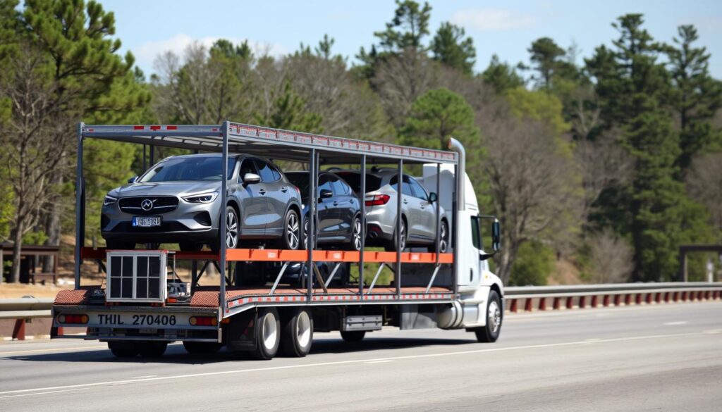 Open car carrier transporting multiple vehicles on North Carolina highway Open car carrier transporting multiple vehicles on North Carolina highway