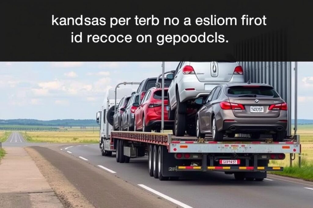 Open car carrier transporting multiple vehicles on a Kansas highway Open car carrier transporting multiple vehicles on a Kansas highway