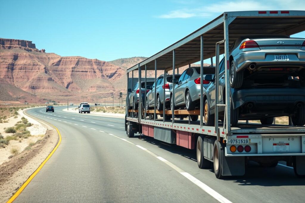 Open car carrier transporting multiple vehicles through New Mexico highways Open car carrier transporting multiple vehicles through New Mexico highways