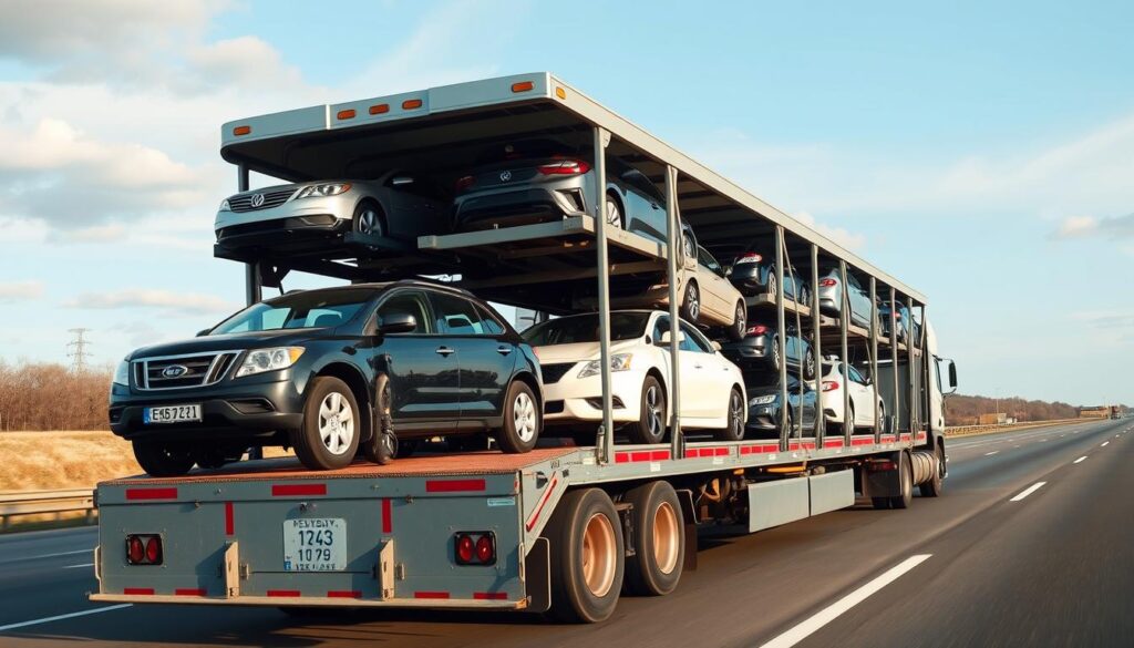 Open car carrier transporting vehicles for Delaware car shipping Open car carrier transporting vehicles for Delaware car shipping