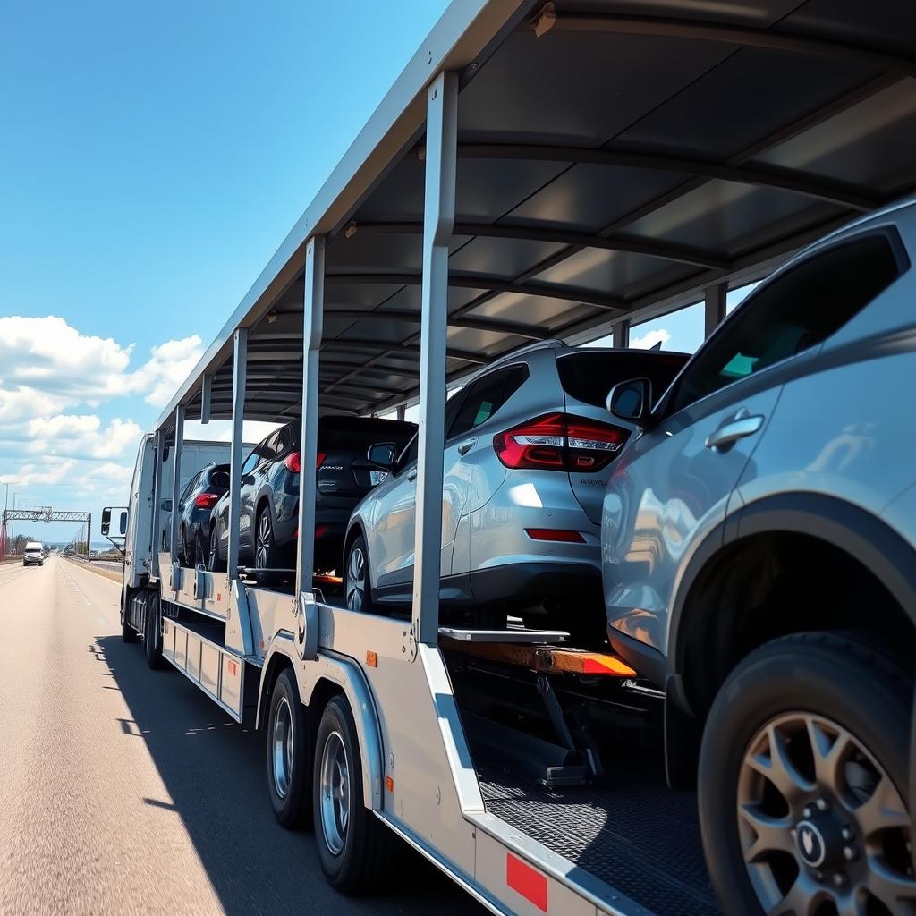 Open car carrier transporting vehicles in Arkansas Open car carrier transporting vehicles in Arkansas