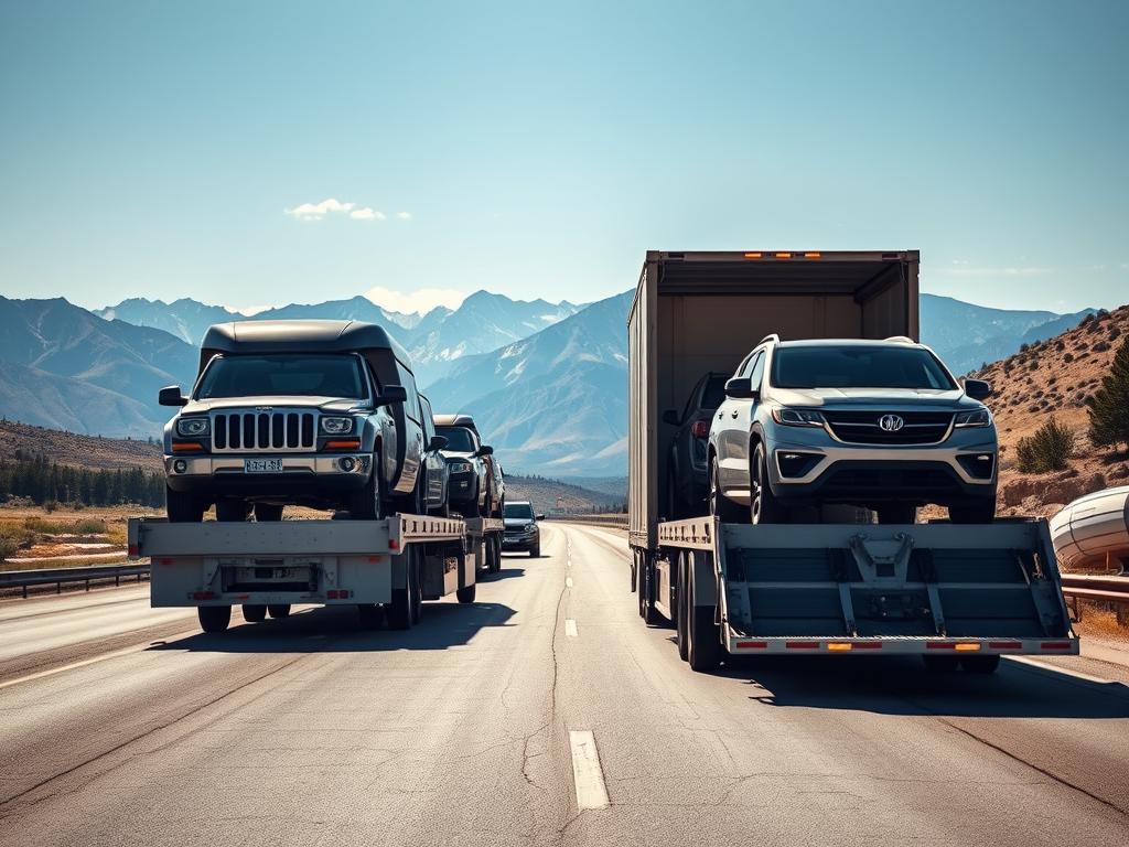 Open car carrier transporting vehicles in Colorado Open car carrier transporting vehicles in Colorado