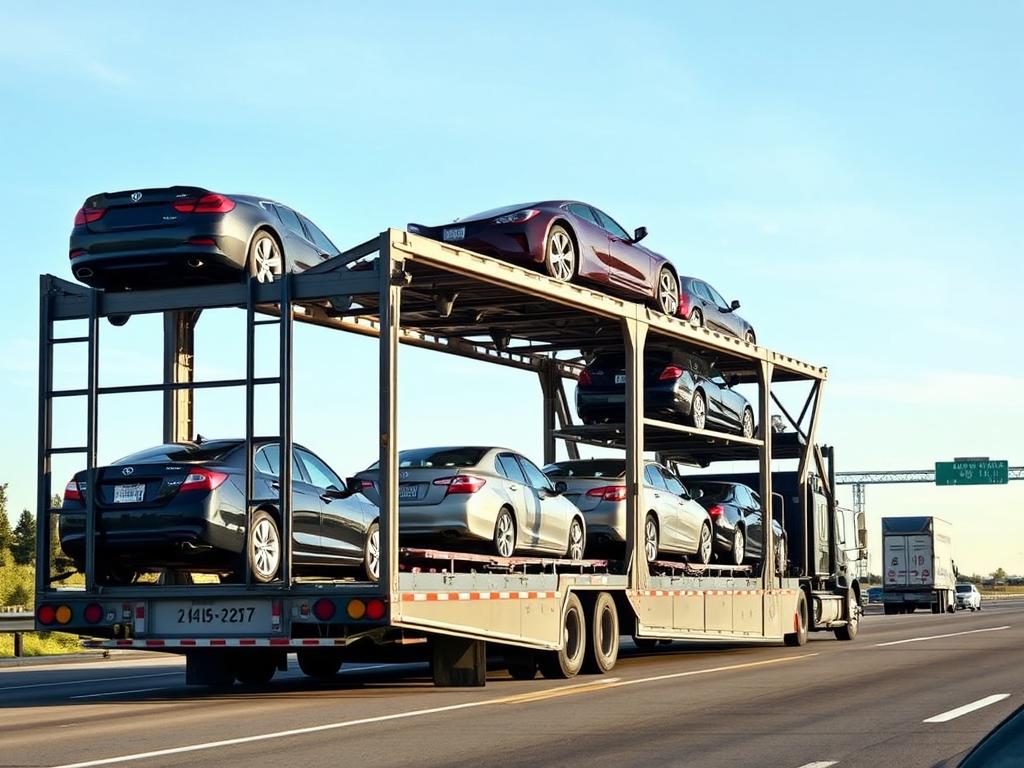 Open car carrier transporting vehicles in Michigan Open car carrier transporting vehicles in Michigan