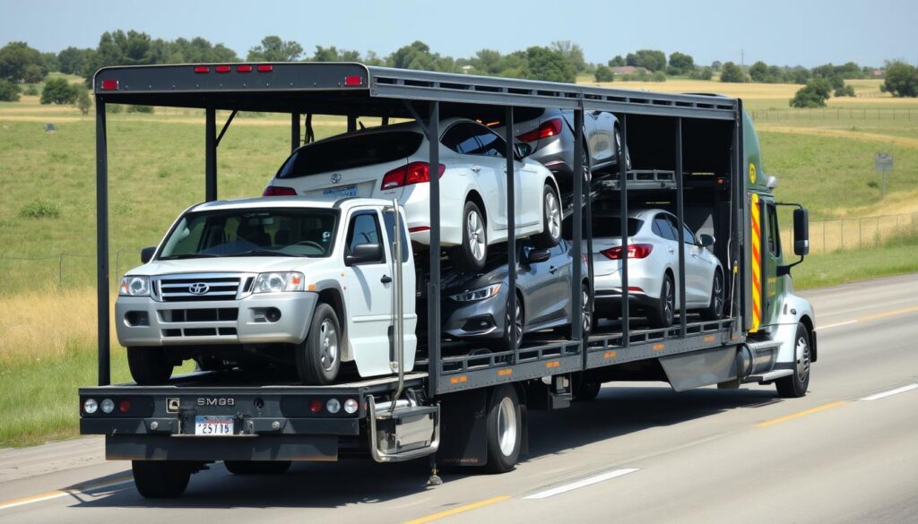 Open car carrier transporting vehicles in Oklahoma Open car carrier transporting vehicles in Oklahoma