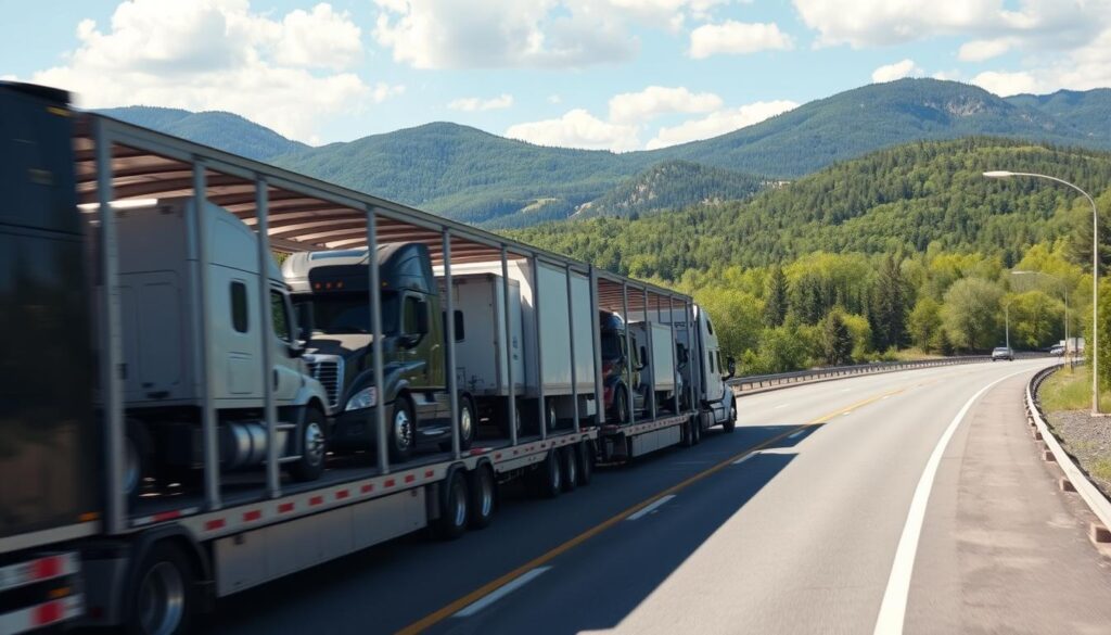 Open car carrier transporting vehicles in Vermont Open car carrier transporting vehicles in Vermont