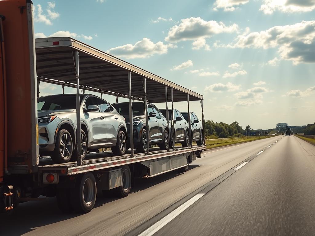 Open car carrier transporting vehicles on Indiana highway Open car carrier transporting vehicles on Indiana highway