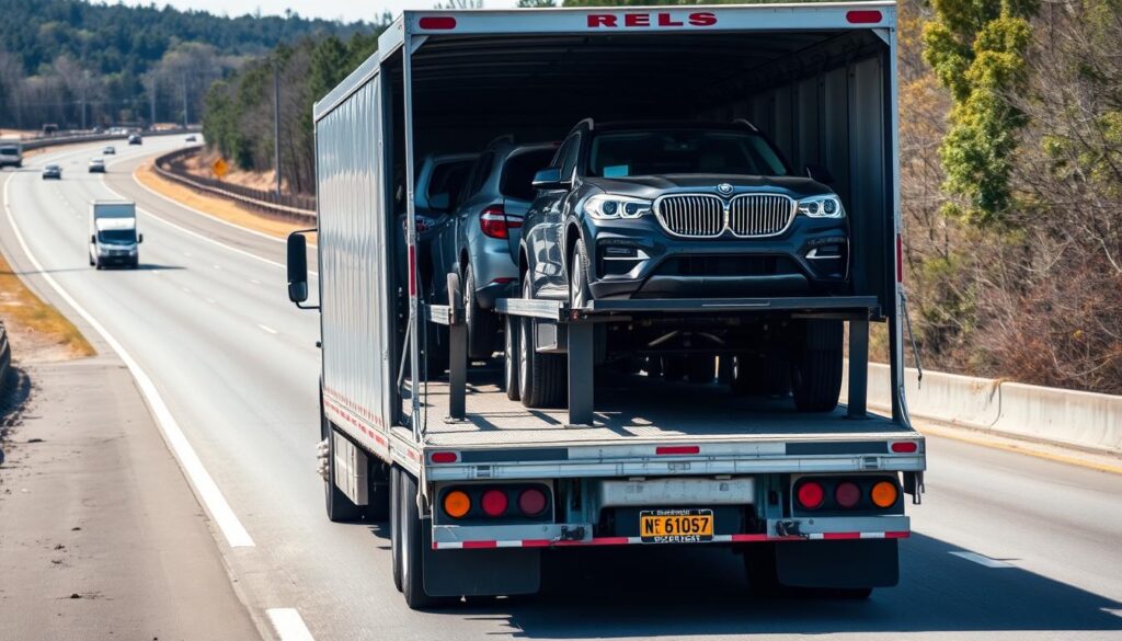 Open car carrier transporting vehicles on Interstate 95 in Virginia Open car carrier transporting vehicles on Interstate 95 in Virginia