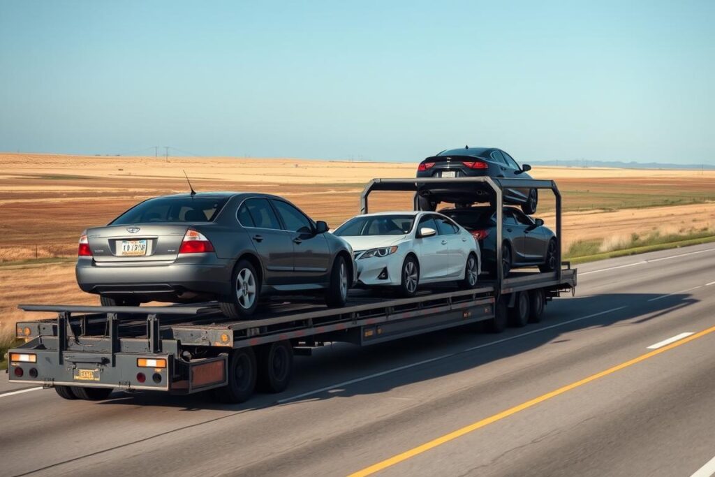Open car carrier transporting vehicles on Kansas highway Open car carrier transporting vehicles on Kansas highway