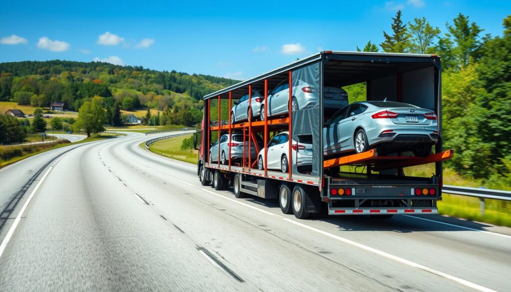 Open car carrier transporting vehicles on Maryland highway Open car carrier transporting vehicles on Maryland highway