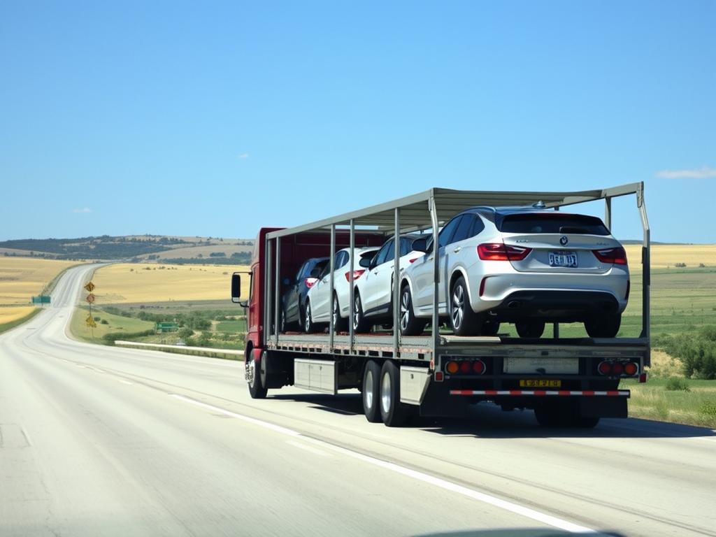 Open car carrier transporting vehicles on South Dakota interstate highway Open car carrier transporting vehicles on South Dakota interstate highway