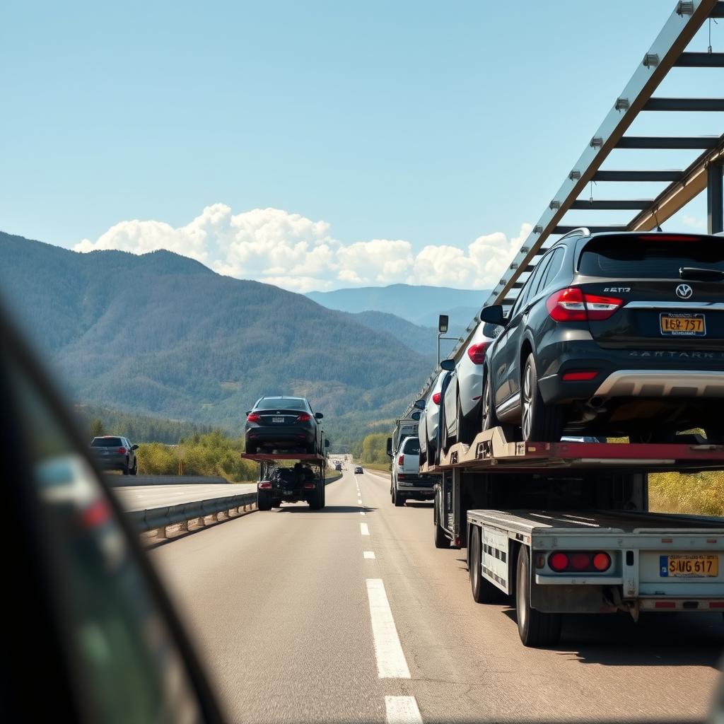 Open car carrier transporting vehicles on West Virginia highway Open car carrier transporting vehicles on West Virginia highway